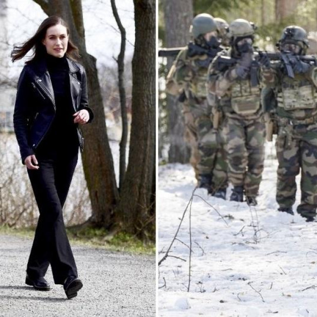 Premijerke Švedske Magdalena Andersson i Finske Sanna Marin (lijevo), vojnici NATO-a (desno)
