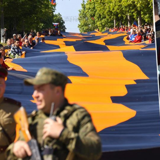 &lt;p&gt;Denis Pušilin i zastava sv. Jurja koja se u Mariupolju nosila na obilježavanju ”Dana pobjede”&lt;/p&gt;