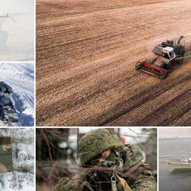 Ruski vojnici, raketni sustavi S-400, ruski tenk 72B3, ruski vojnik i ruska raketna krstarica Maršal Ustinov. Na najvećoj fotografiji: polje u Ukrajini