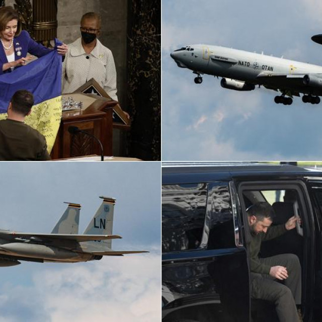 &lt;p&gt;Volodimir Zelenski Nancy Pelosi I Kamali Harris daje ukrajinsku zastavu(G-L); McDonnell Douglas F-15C Eagle (D-L); Boeing E-3 Sentry (G-D); Volodimir Zelenski stiže u Bijelu kuću (D-D); &lt;/p&gt;