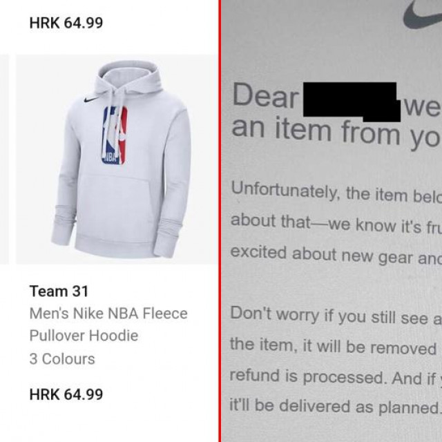 &lt;p&gt;Cijene po kojima se u Nikeovoj trgovini prošlog petka prodavala sportska oprema (L); Poruka koju je Nike odaslao kupcima iz Hrvatske koji su u njegovoj trgovini kupovali po niskim cijenama&lt;/p&gt;