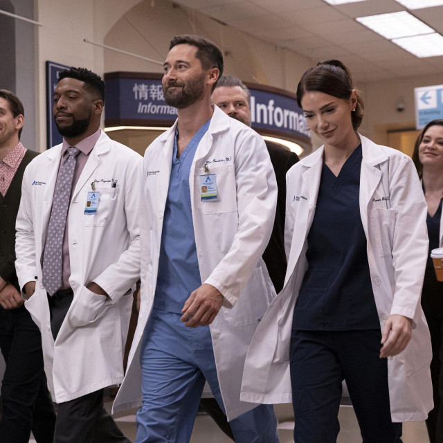 NEW AMSTERDAM --  Conner Marx as Ben Meyer, Jocko Sims as Dr. Floyd Reynolds, Ryan Eggold as Dr. Max Goodwin, Janet Montgomery as Dr. Lauren Bloom -- (Photo by: Eric Liebowitz/NBC)