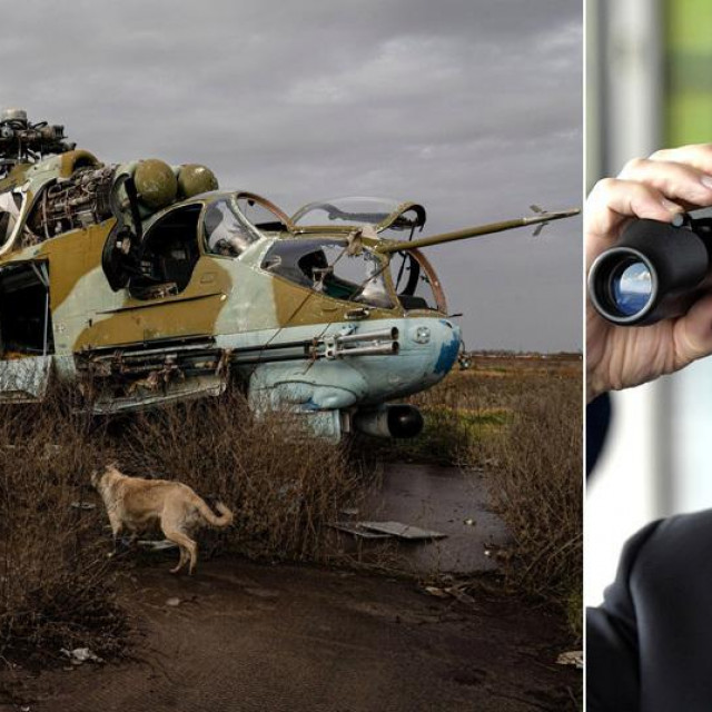 &lt;p&gt;Oštećeni helikopter Mil Mi-24 na bojištu u Ukrajini i Vladimir Putin&lt;/p&gt;