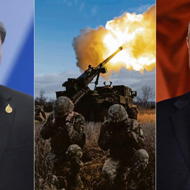 Xi Jinping (L); Vladimir Putin (D); ukrajinski vojnici napadaju ruske položaje (sredina)