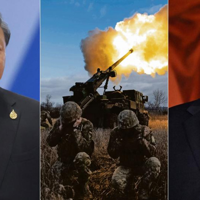 Xi Jinping (L); Vladimir Putin (D); ukrajinski vojnici napadaju ruske položaje (sredina)