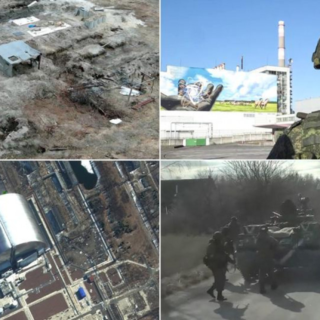 &lt;p&gt;Gore, s lijeva na desno: fotografija iz 18. travnja 2022. koja prikazuje rovove koje su ruski vojnici kopali u Černobilskoj zoni isključenja; ruski vojnik snimljen u Černobilu 26.2.2022.; dolje, s lijeva na desno: veliki sarkofag nad nuklearnim reaktorom nekadašnje nuklearne elektrane Černobil, snimljen iz zraka; ruski vojnici snimljeni u Ukrajini 10.3.2022.&lt;/p&gt;