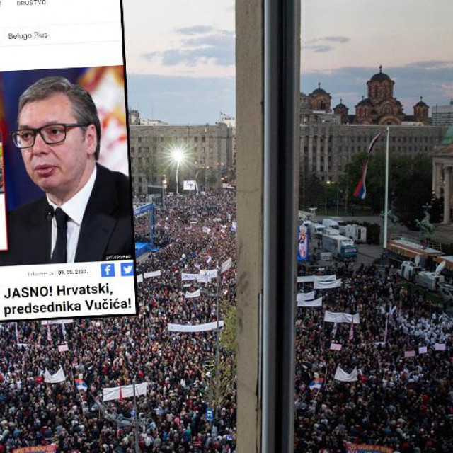 Skup podrške Vučiću održan 2019. godine i screenshot teksta objavljenog u notornom tabloidu Informer