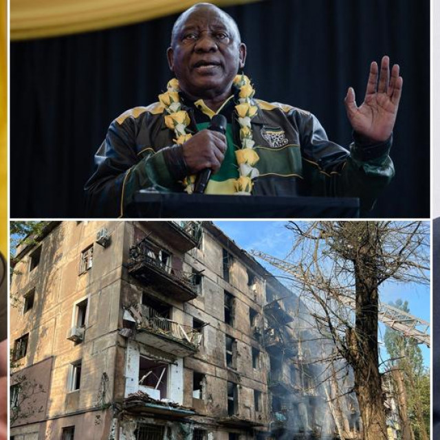 Volodimir Zelenski; Cyril Ramaphosa; uništena zgrada u Ukrajini; Vladimir Putin