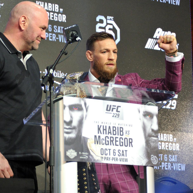 L-R: UFC President Dana White and two division UFC champion Conor McGregor participate in the UFC 229: Khabib vs McGregor press conference at Radio City Music Hall in New York, NY on September 20, 2018.,Image: 387676215, License: Rights-managed, Restrictions: *** World Rights ***, Model Release: no, Credit line: Sipa USA/ddp USA/Profimedia