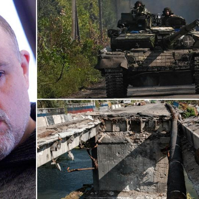 Igor Tabak; ukrajinski tenkovi u oblasti Harkiv; uništeni most u Kupjansku u bojama ruske zastave