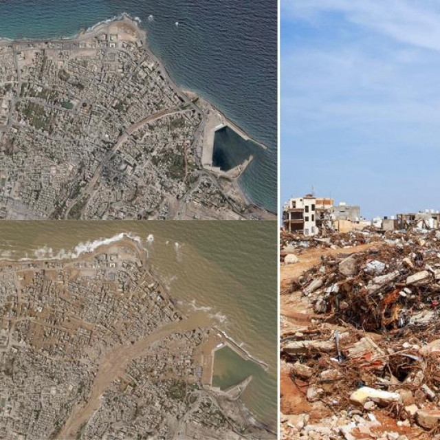 Lijevo i desno: Prizori snimljeni satelitom, na njima je grad Derna i brana pokraj njega prije i poslije poplava; u sredini: grad Derna nakon poplava