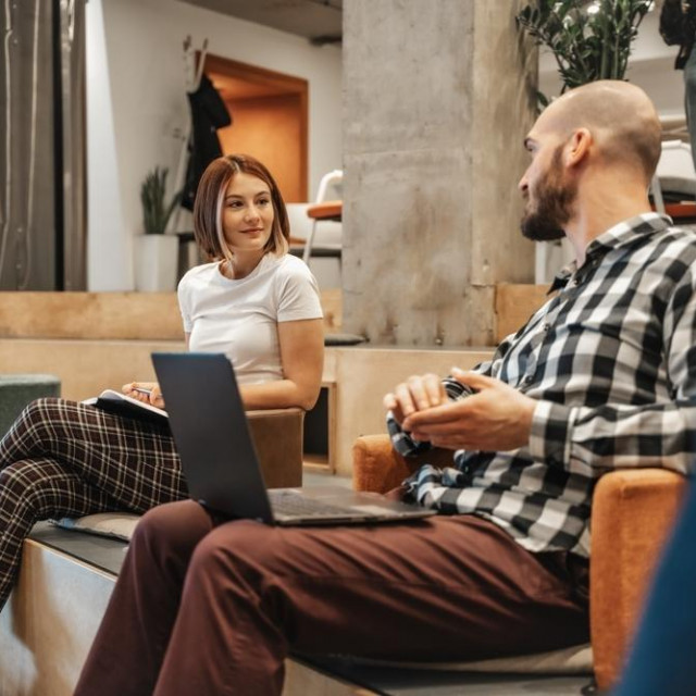 &lt;p&gt;Lovely girl listening to her hairless male colleague sharing a beautiful story. Hairless male explaining how he is feeling to his gorgeous female colleague&lt;/p&gt;