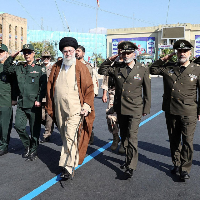 A handout picture provided by the office of Iran‘s Supreme Leader Ayatollah Ali Khamenei shows him (C) arriving at a joint graduation ceremony for cadets from armed forces academies in the Iranian capital Tehran on Octobre 10, 2023. Khamenei denied on October 10 any Iranian involvement in Hamas‘s shock weekend attack on Israel despite its strong support for the Palestinian militant group. (Photo by KHAMENEI.IR/AFP)/=== RESTRICTED TO EDITORIAL USE - MANDATORY CREDIT ”AFP PHOTO/HO/KHAMENEI.IR” - NO MARKETING NO ADVERTISING CAMPAIGNS - DISTRIBUTED AS A SERVICE TO CLIENTS ===