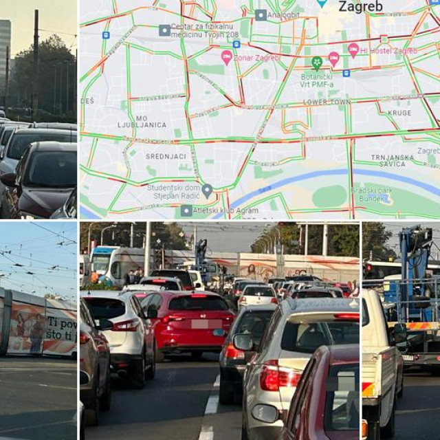 Gužva na križanju Vukovarske ulice i Ulice Marina Držića u Zagrebu, screenshot karte Zagreba s Google Traffica