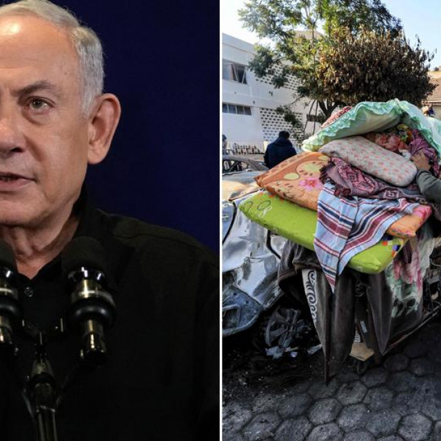 Benjamin Netanyahu i prizor parkirališta pokraj bolnice u Gazi na koju je u utorak pao projektil