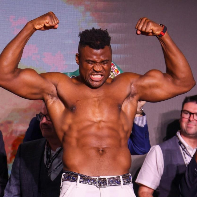 Cameroonian-French Francis Ngannou reacts during weigh-in on the eve of his bout against Britain‘s Tyson Fury in Riyadh on October 27, 2023.,Image: 817304421, License: Rights-managed, Restrictions:, Model Release: no, Credit line: Fayez NURELDINE/AFP/Profimedia