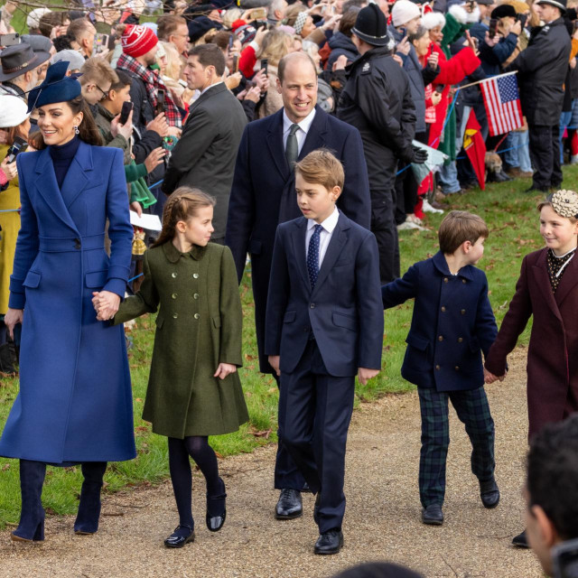 Mandatory Credit: Photo by Geoff Robinson/Shutterstock (14274295ak)
Prince William and Catherine Princess of Wales with Prince George, Princess Charlotte and Prince Louis at the Christmas Day morning church service at St Mary Magdalene Church in Sandringham, Norfolk.
Christmas Day church service, St. Mary Magdalene Church, Sandringham, Norfolk, UK - 25 Dec 2023