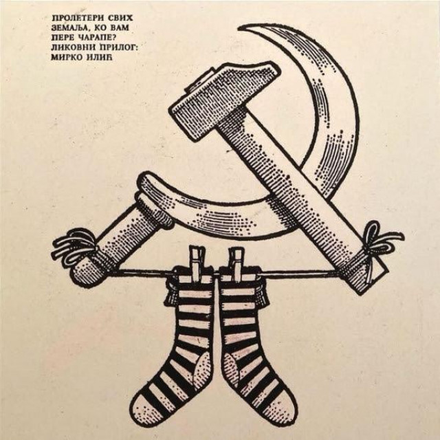 ”Proleteri svih zemalja, tko vam pere čarape?”, ilustracija Mirka Ilića za za međunarodnu konferenciju ”DRUG-ca žena – novi pristup ženskom pitanju” (1978.)