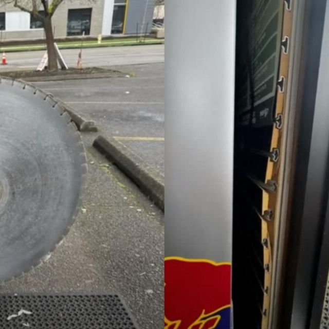 Disk pile za rezanje betona koji se zaletio u vrata trgovine