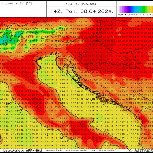 Temperature zraka u Hrvatskoj u ponedjeljak 8. 4. 2024.