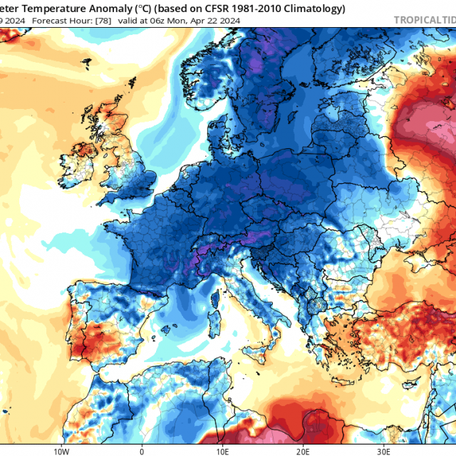 Europa u plavome: odstupanje temperature zraka od prosjeka početkom idućeg tjedna /Tropicaltidbit