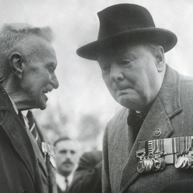 Winston Churchill, wearing his military medals, listening to an elderly man. Ca. 1945 - (BSLOC_2014_17_46),Image: 257477809, License: Rights-managed, Restrictions: For usage credit please use;, Model Release: no, Credit line: -/Everett/Profimedia