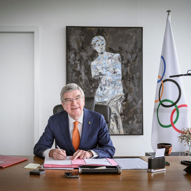 IOC President Thomas Bach poses after an interview with AFP ahead of the Paris 2024 Olympic Games at the IOC headquarters in Lausanne on April 26, 2024. (Photo by GABRIEL MONNET/AFP)
