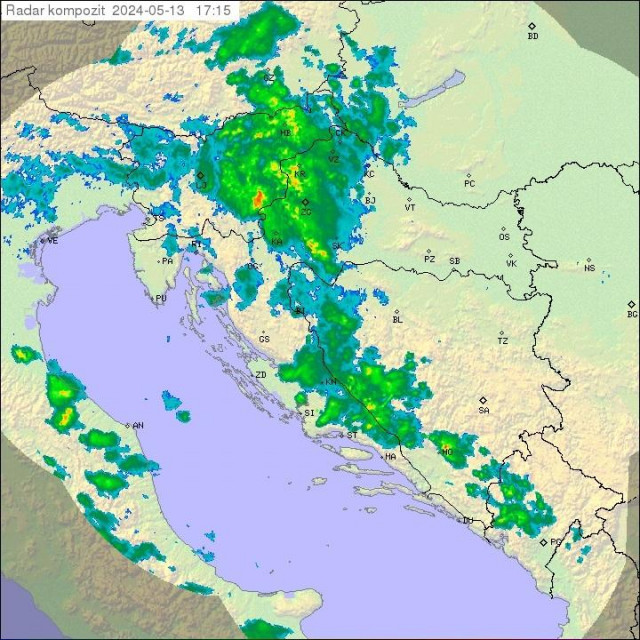 Radarska slika Hrvatske u 17:15 u ponedjeljak