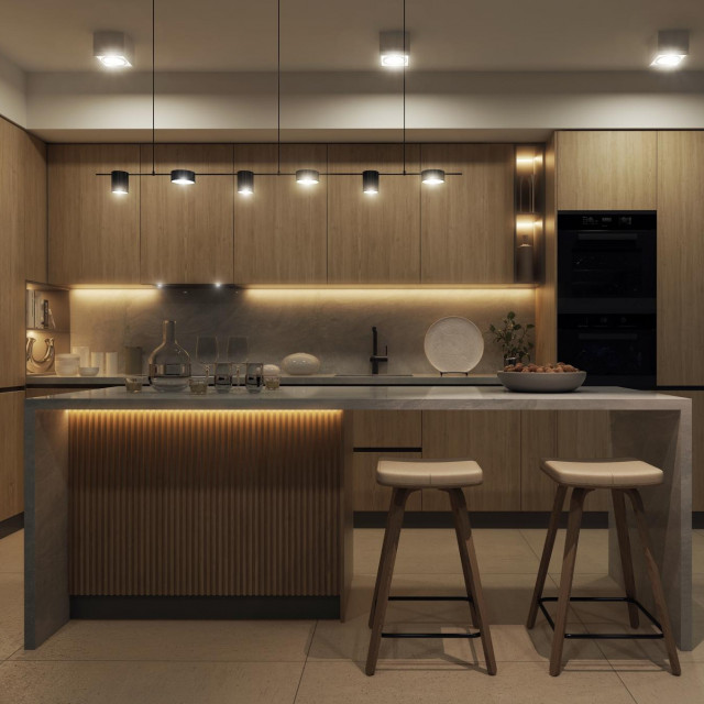 A modern spacious kitchen with a free-standing kitchen island. Bright wooden fronts with a gray stone top are combined in the kitchen, all presented with artificial lighting in the evening. 3D illustr