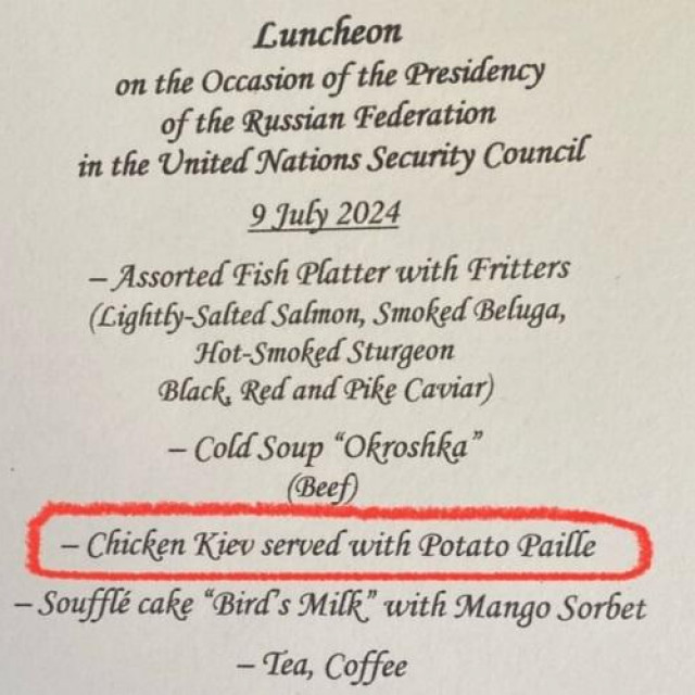 Navodni jelovnik svečanog ručka povodom ruskog predsjedanja Vijećem sigurnosti