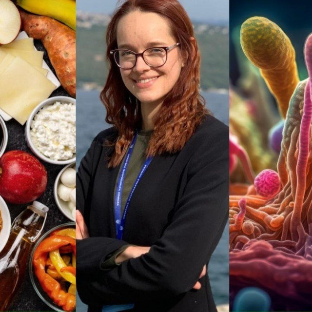 Namirnice za bolje raspoloženje (lijevo), nutricionistica Iva Dorić (u sredini), prikaz ljudskog mikrobioma (desno)