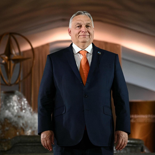 Hungary‘s Prime Minister Viktor Orban arrives for the NATO 75th Anniversary Celebratory Event at the Mellon Auditorium in Washington, DC, on July 9, 2024. (Photo by Brendan SMIALOWSKI/AFP)