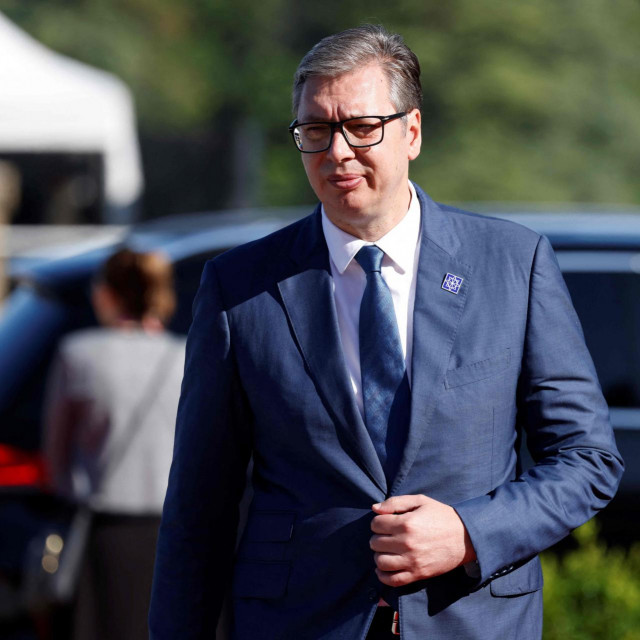 Serbia‘s President Aleksandar Vucic arrives for the Meeting of the European Political Community at the Blenheim Palace in Woodstock, near Oxford, on July 18, 2024. (Photo by Ludovic MARIN/AFP)