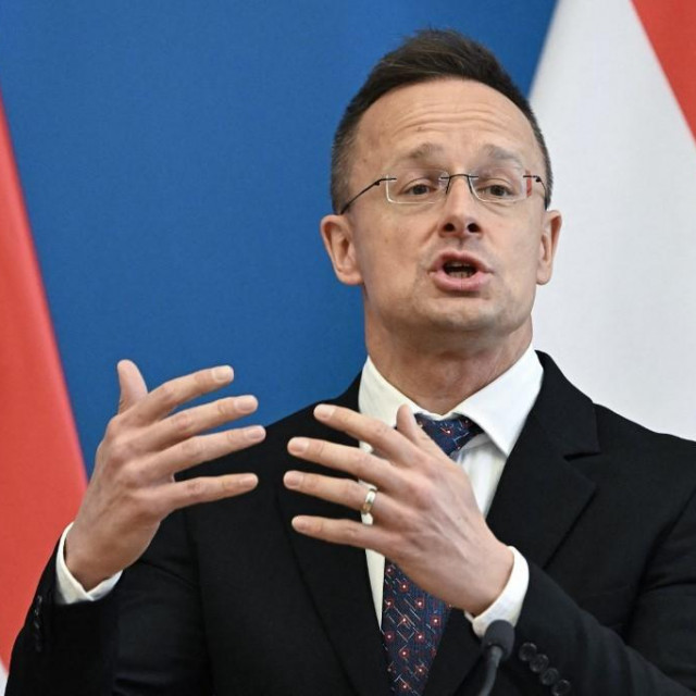 Hungarian Foreign and Trade Minister Peter Szijjarto speaks during a joint press conference with Czech Republic‘s Foreign Minister in the conference hall of the ministry building in Budapest, Hungary, on April 26, 2024. (Photo by Attila KISBENEDEK/AFP)