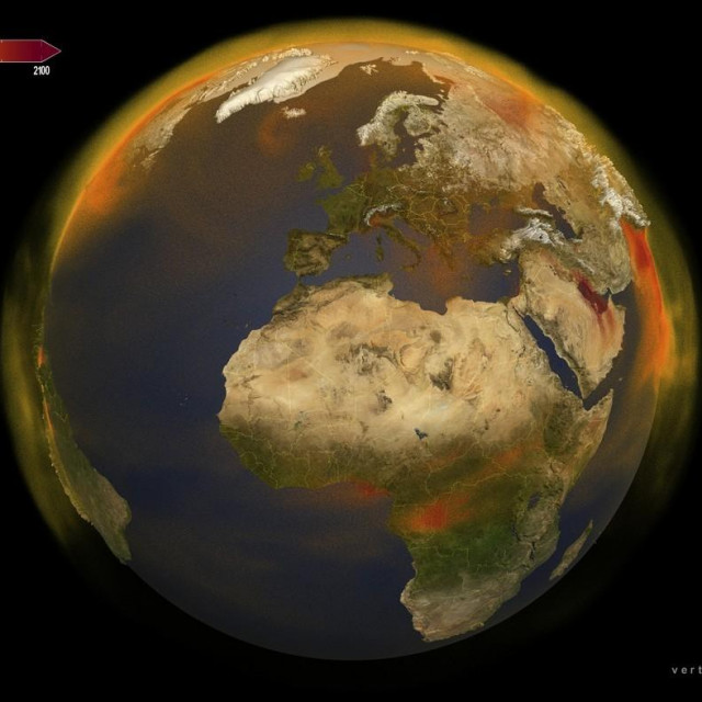 3D volumetrijska vizualizacija globalne atmosferske emisije metana (CH4). Metan je snažan staklenički plin. Proizvodi se suvremenom poljoprivrednom praksom, aktivnostima vezanim uz vađenje nafte, plina i ugljena te razgradnjom organske tvari. Visina Zemljine atmosfere i topografija okomito su preuveličani i čine se otprilike 50 puta većim od normalnih kako bi se pokazala složenost atmosferskog toka