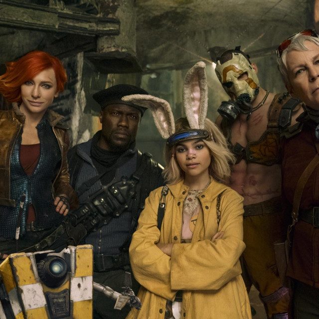 Cate Blanchett kao Lilith, Kevin Hart kao Roland, Ariana Greenblatt kao Tiny Tina, Florian Munteanu kao Krieg i Jamie Lee Curtis kao Tannis u filmu ”Borderlands”