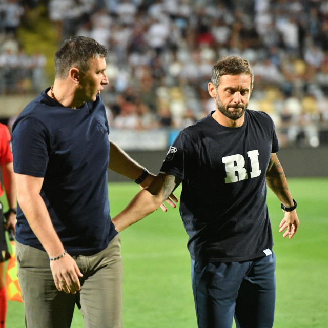 Rijeka, 010924.
Stadion Rujevica.
HNK Rijeka - GNK Dinamo, utakmica 5. kola SuperSport Hrvatske nogometne lige.
Na fotografiji: Sergej Jakirovic i Radomir Djalovic.