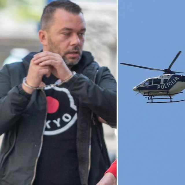 Marko Sudac (fotografija iz 2020.), policijski helikopter i Ilija Jerković kojeg policajci odvode s ispitivanja u Državnom odvjetništvu u Selskoj