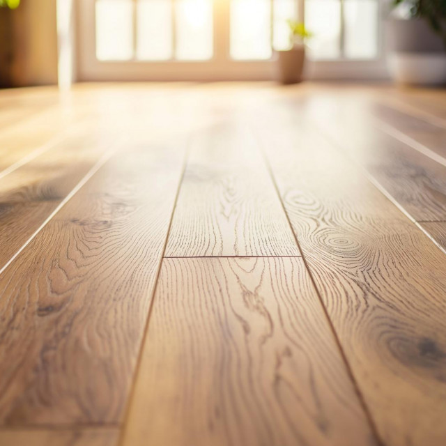 A close-up view of polished wooden flooring in a bright room. Sunlight streams through large windows, casting warm light on the floor.