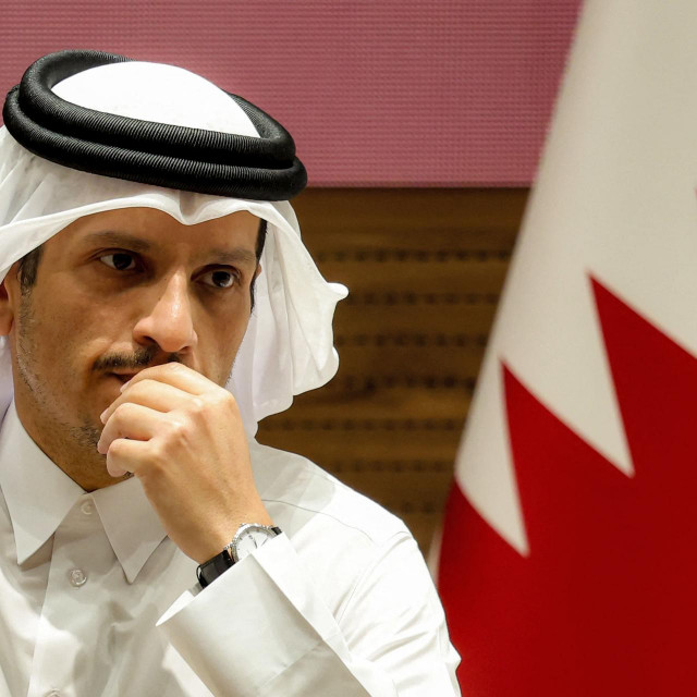 TOPSHOT - Qatar‘s Prime Minister and Foreign Affairs Minister Sheikh Mohammed bin Abdulrahman bin Jassim al-Thani reacts during a joint press conference with the US Secretary of State in Doha on October 24, 2024. (Photo by KARIM JAAFAR/AFP)