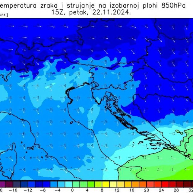 Temperatura zraka i strujanje na izobarnoj plohi, četvrtak, 21.11.2024.