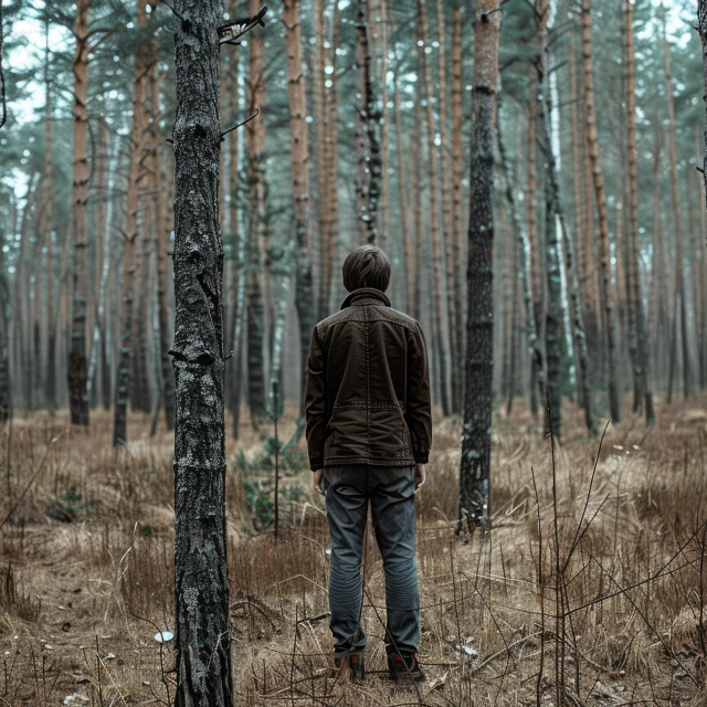 Lonely lost man standing in the forest in the middle of nowhere, rear view. Stalker concept.,Image: 870741215, License: Royalty-free, Restrictions:, Model Release: no, Credit line: Serhii Milientiev/Panthermedia/Profimedia