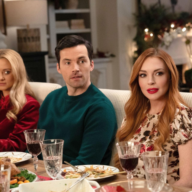 OUR LITTLE SECRET, from left: Katie Baker, Ian Harding, Lindsay Lohan, 2024. ph: Bob Mahoney /? Netflix /Courtesy Everett Collection