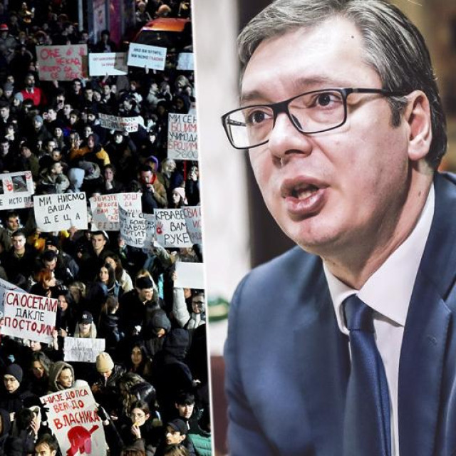 Ilustracija: Prosvjed u Beogradu i Aleksandar Vučić