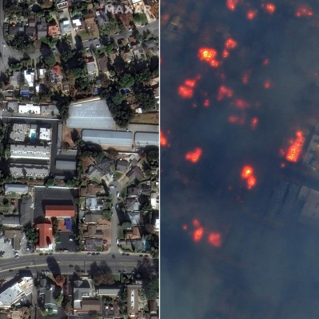 Satelit tvrtke Maxar Technologies snimio je fotografije domova i zgrada u blizini ulice East Altadena Drive u gradu Altadeni u Kaliforniji. Lijeva je fotografija standardna, a desna obojena kako bi se vidjelo infracrveno zračenje. Riječ je o području koje je zahvatio požar Eaton.