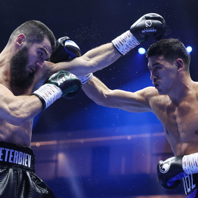 SAUDI ARABIA, RIYADH - OCTOBER 13, 2024: Unified champion Artur Beterbiev (L) and WBA champion Dmitry Bivol fight in their undisputed light heavyweight championship bout as part of Riyadh Season 2024 at the Kingdom Arena. Beterbiev currently holds the WBC, IBF and WBO titles. Valery Sharifulin/TASS,Image: 920268737, License: Rights-managed, Restrictions:, Model Release: no, Credit line: Valery Sharifulin/TASS/Profimedia